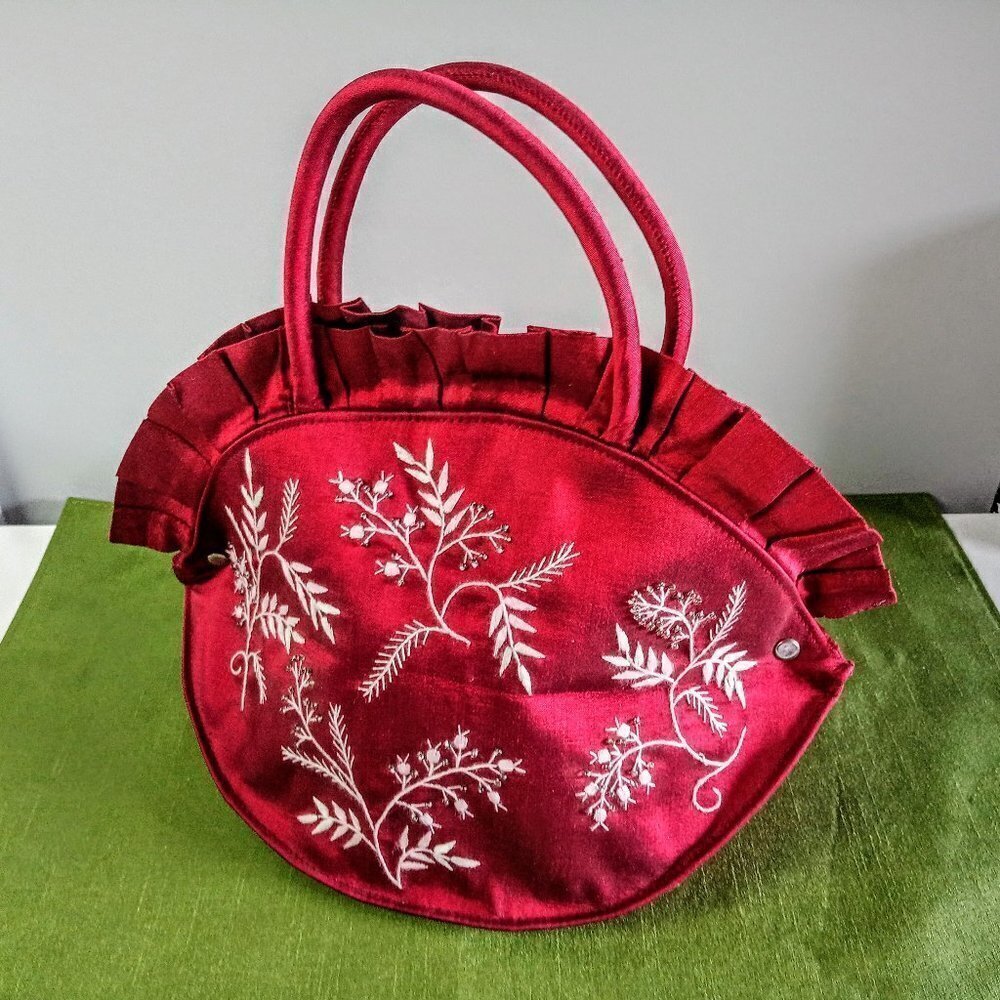 Red Thai Silk Beaded Embroidered Bag With Ruffle